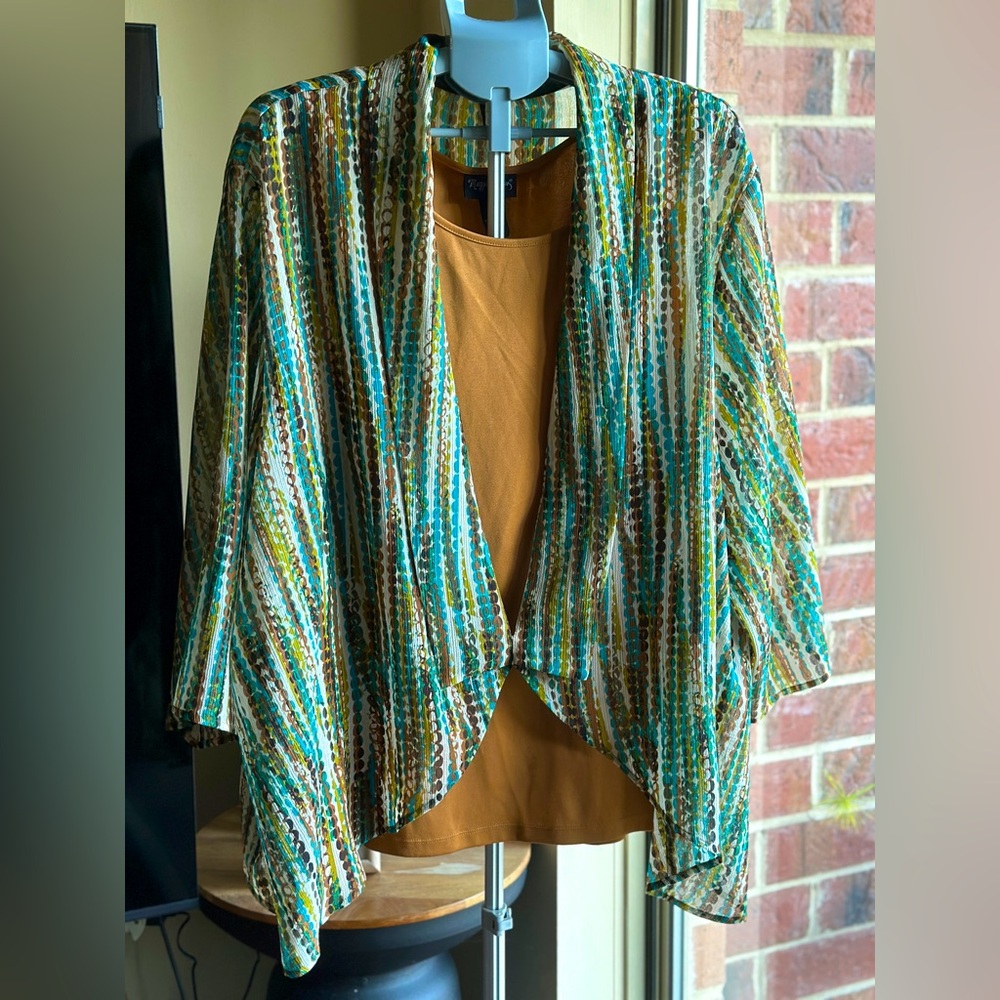Maggie Barnes 2 pc Top Open Front Cardigan Sheer Shirt +Tank Size 4X Teal Brown